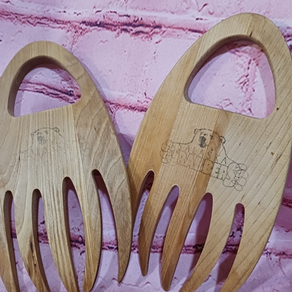 Vintage Salad & Pasta Wooden Server Set Bear Paw ALASKA GRABBERS - Picture 4 of 4